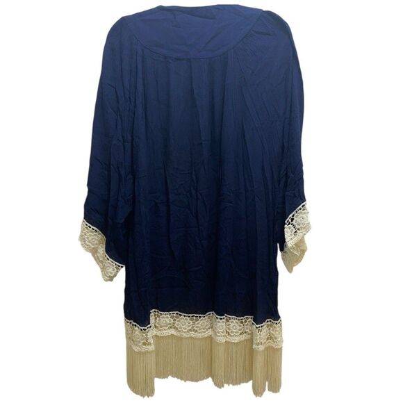 Jodifl Navy Cream Fringe Embroidered Boho 100% Rayon Wrap Sweater Cardigan Sz S - Picture 7 of 12